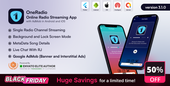 OneRadio - Online Radio Streaming App with AdMob in Android and iOS